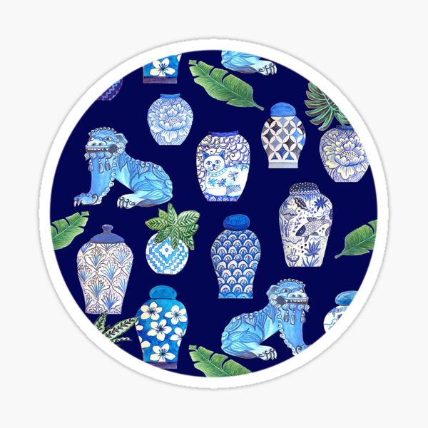 Maximalist Foo dogs and Chinese ginger jars, white and blue Chinoiseries watercolor design Sticker
