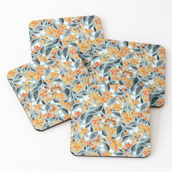 Item preview, Bright Orange Blooms and Butterflies on Blue Grey designed and sold by micklyn.