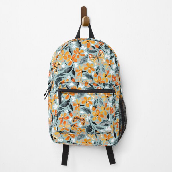 Item preview, Bright Orange Blooms and Butterflies on Blue Grey designed and sold by micklyn.