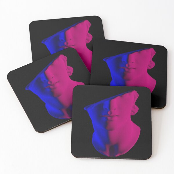Item preview, 3D rendering of fragmentary colossal head of a youth sculpture in acid neon luminescent blue and pink lightning. designed and sold by local-doctor.