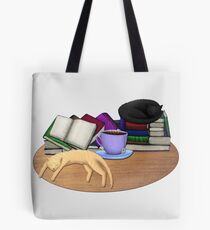 Cat Nap with Books & Tea (Black & Ginger) Tote Bag