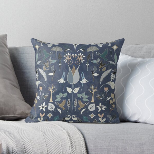 William Morris Inspired Art Nouveau Victorian Embroidery Style Pattern. Dusky blue. Throw Pillow