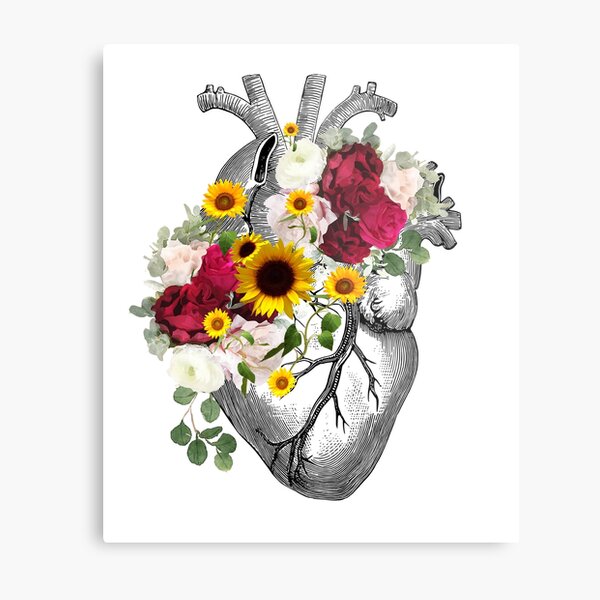 Human Heart Illustration Art Dark Roses And Sunflowers Plants Lovers Vintage Effect Metal 0710