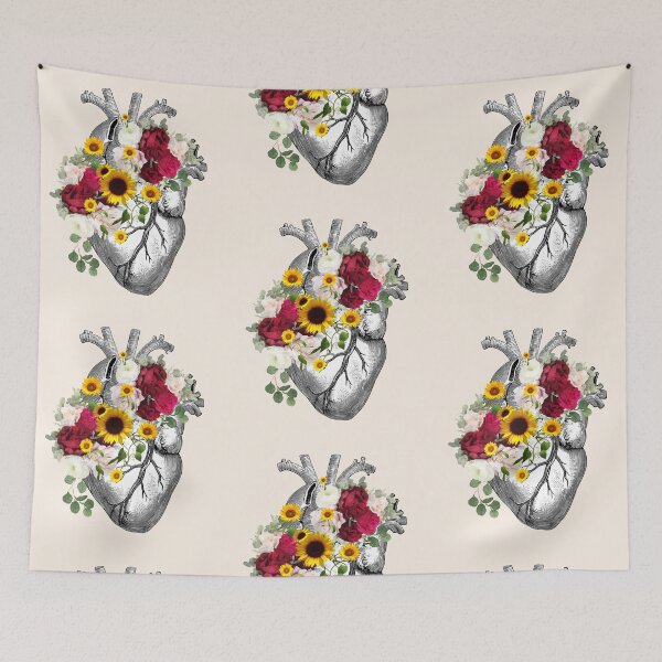Item preview, Human heart illustration art, dark roses and sunflowers,  plants lovers, vintage effect designed and sold by Collagedream.