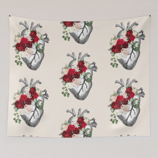 Item preview, Human heart illustration art, red dark roses, plants lovers, vintage effect designed and sold by Collagedream.