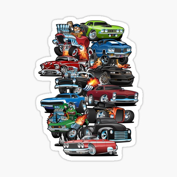 Car Madness!  Muscle Cars and Hot Rods Cartoon Sticker