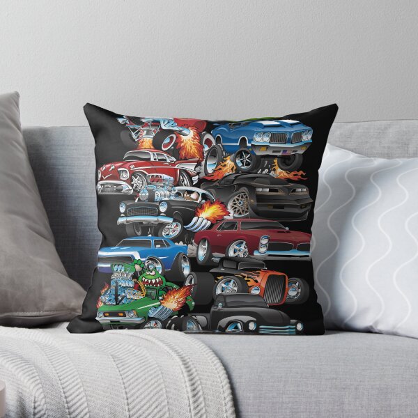 Car Madness! Muscle Cars and Hot Rods Cartoon Throw Pillow