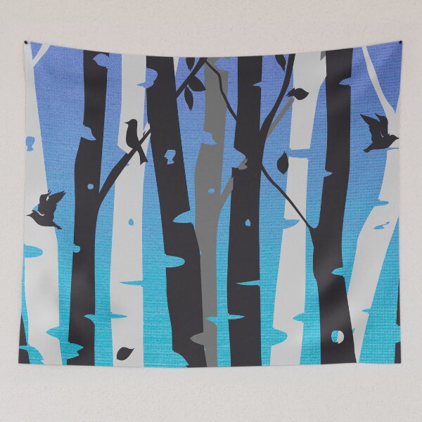 Item preview, Birch trees and birds in black, grey and white with teal/blue background designed and sold by Jennykies.
