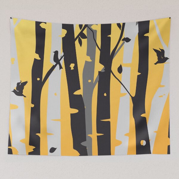 Item preview, Birch trees and birds in black, grey and white with Yellow background designed and sold by Jennykies.
