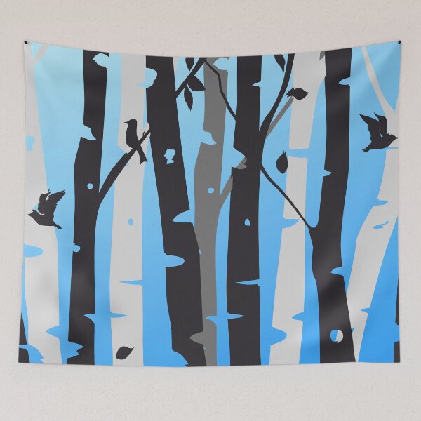 Item preview, Birch trees and birds in black, grey and white with light blue background designed and sold by Jennykies.