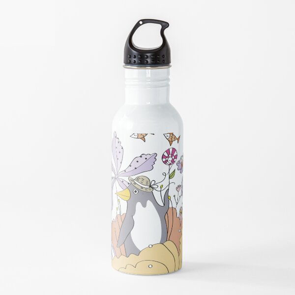 Little artist girl painting penguin in flowers Water Bottle