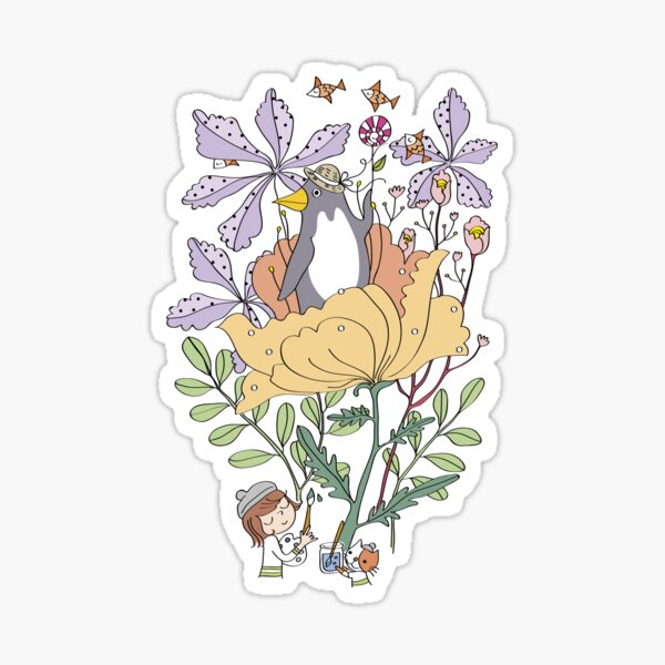 Little artist girl painting penguin in flowers Sticker