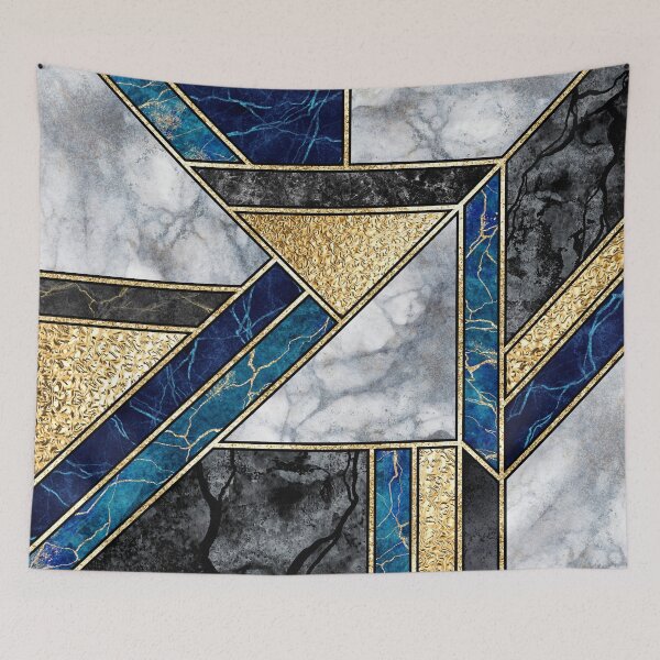 Item preview, Blue, Black, Ivory, Gold Geometric Panel Abstract Marble Art designed and sold by EscapistDecor.