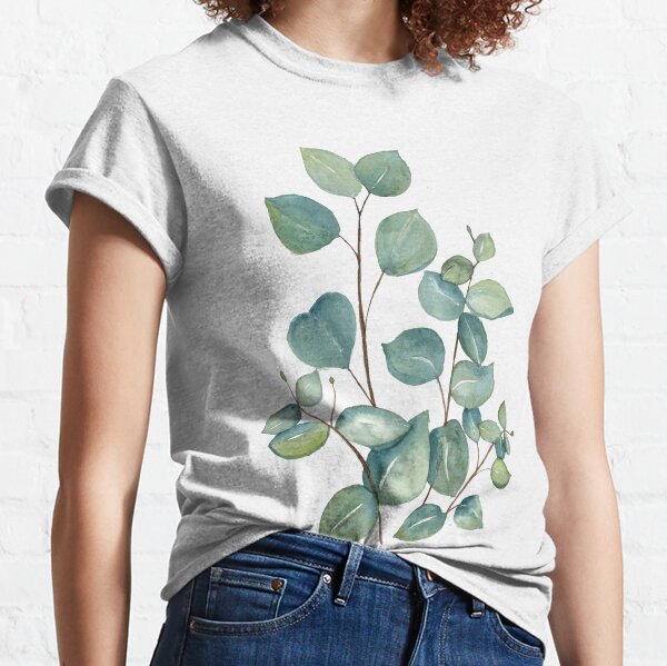 Mens Short-Sleeve Crewneck T-Shirt,Fashion 3D Graphic,Hand Drawn,Green Round Leaves of Eucalyptus for Youth 