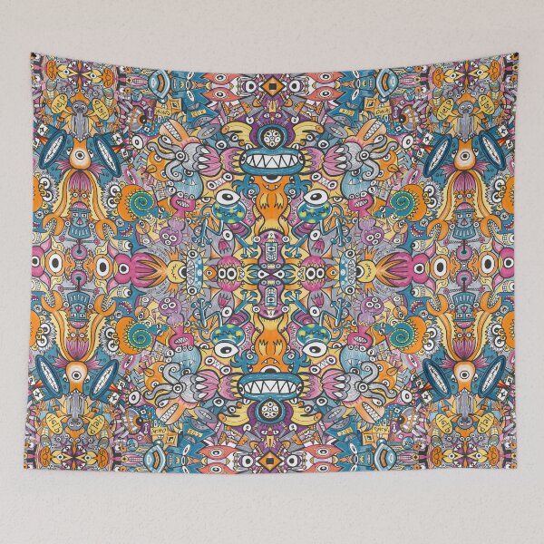 Item preview, Mad monsters and odd robots form a crowded pattern design full of colors designed and sold by Zoo-co.