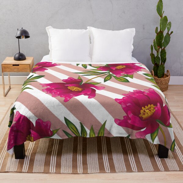 Item preview, Deep pink peonies on delicate pink and white stripes background designed and sold by fowons.