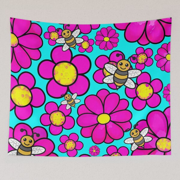 Item preview, Flowers and Bees Pollinate Pink Blue And Yellow Floral Happy designed and sold by funnytshirtemp.