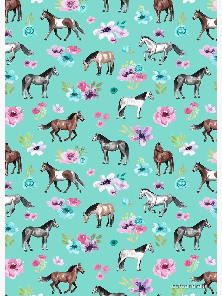 Wild Horses and Flowers on Aqua Blue