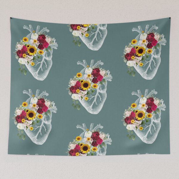 Item preview, Human heart illustration art, purple roses and sunflowers, plants lovers, vintage effect white designed and sold by Collagedream.