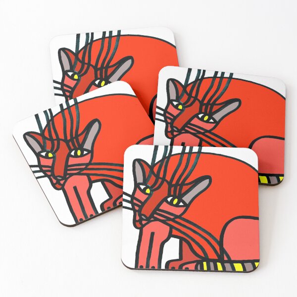 Item preview, Red Sitting Cat with Yellow Eyes and Gray Yellow Striped Tail "Cat's Drawings" designed and sold by Istvan Ocztos.