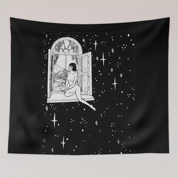 Item preview, Window outside. Girl looking outside the window of the universe. Drawing Illustration designed and sold by Alika's  Garden.