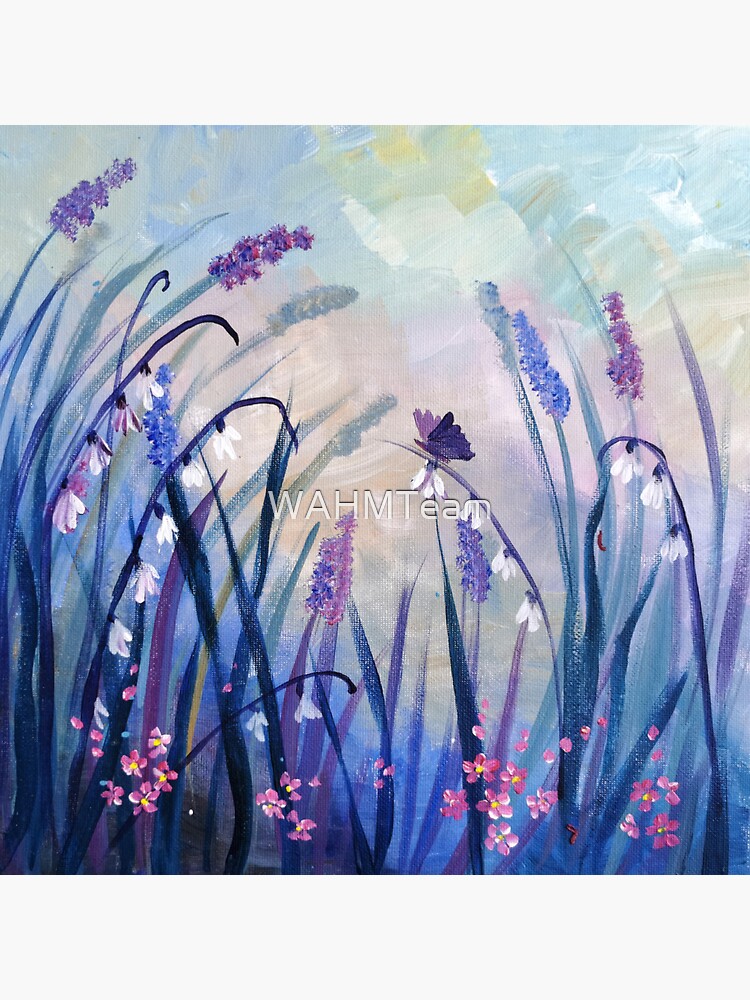 Purple Flowers with Butterfly, Tall Grasses Blue Sky Acrylic Painting by WAHMTeam