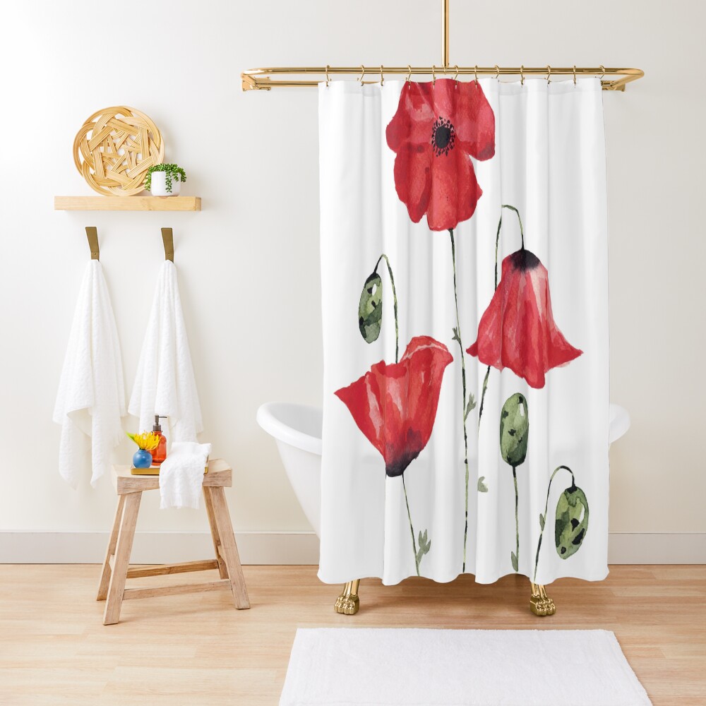 Beautiful Big Poppy Flowers Watercolor Shower Curtain For Sale By