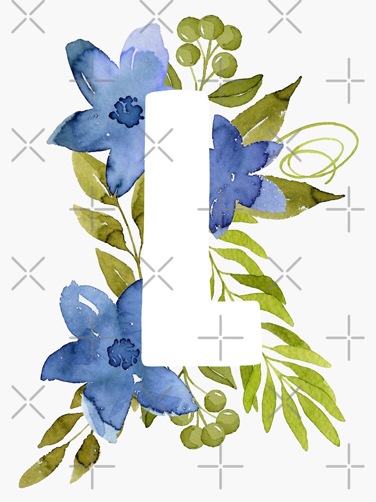 Letter A in blue watercolor flowers and leaves. Floral monogram