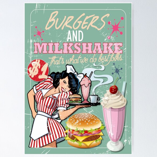 Vintage posters of the 50s, 60s. Fast food, coffee, burger