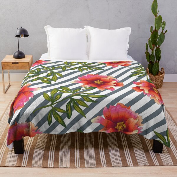Item preview, Blushing coral peonies on aegean blue and white striped diagonal pattern designed and sold by fowons.