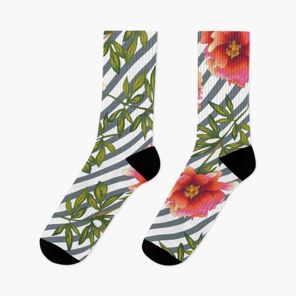 Item preview, Blushing coral peonies on aegean blue and white striped diagonal pattern designed and sold by fowons.