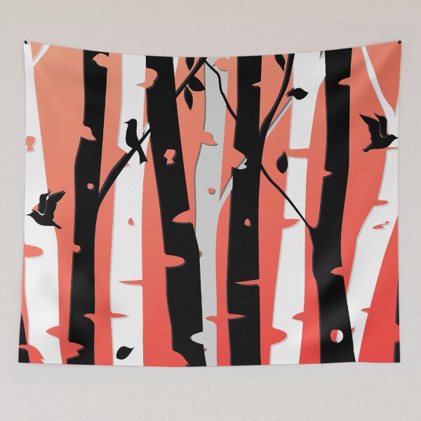 Item preview, Birch trees and birds in black, grey and white with Red background designed and sold by Jennykies.