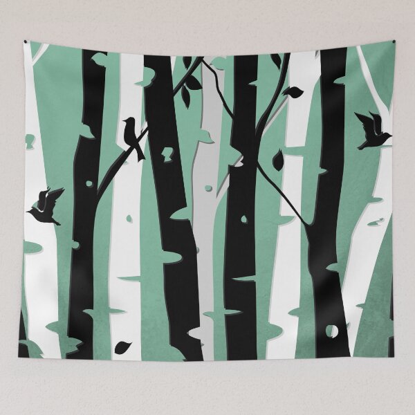 Item preview, Birch trees and birds in black, grey and white with Green background designed and sold by Jennykies.