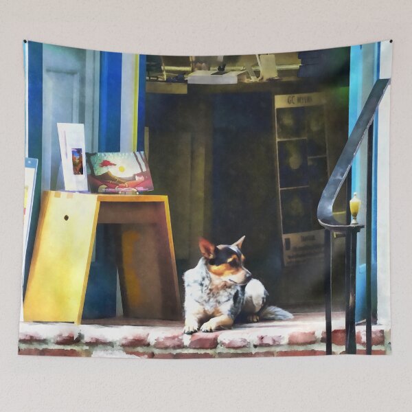 Item preview, Alexandria VA - Corgi Relaxing in Front of King St. Art Gallery designed and sold by Susan Savad.