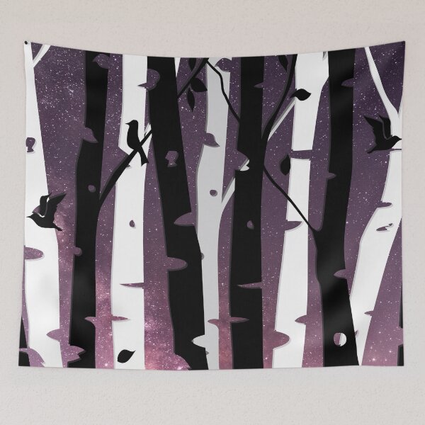Item preview, Birch trees and birds in black, grey and white with Night sky background designed and sold by Jennykies.