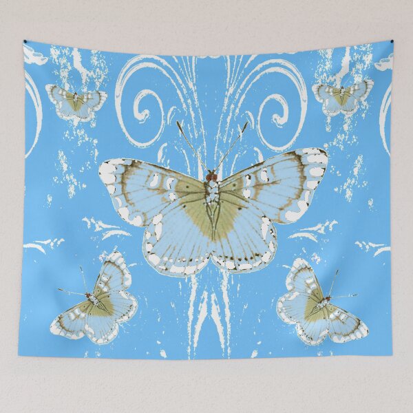 Item preview, ABSTRACT BLUE BUTTERFLIES WHITE SCROLL ART designed and sold by sharlesart.