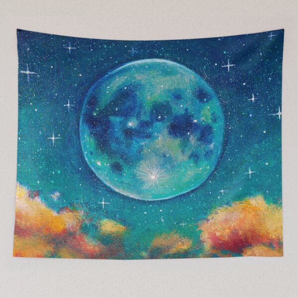 Item preview, Aesthethic Moon Art, sky blue pink clouds, boho paint designed and sold by Ohmydraw.