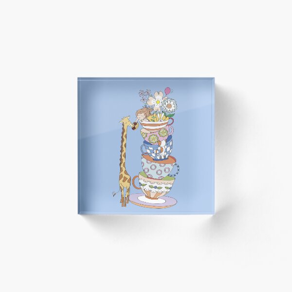 Little girl in tea cups with giraffe friend Acrylic Block