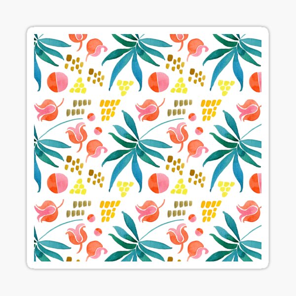 Green leaves red flowers abstract pattern Sticker