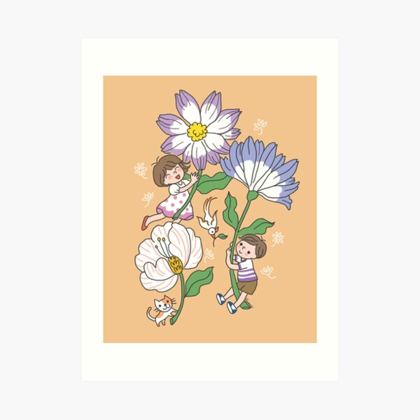 Merry girl and boy children playing cute whimsical art Art Print