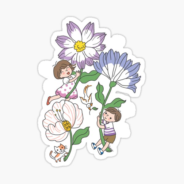 Merry girl and boy children playing cute whimsical art Sticker