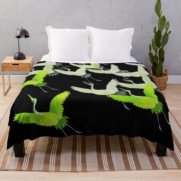 Item preview, YELLOW GREEN CHARTREUSE WHITE FLYING CRANES IN BLACK Japanese Pattern designed and sold by BulganLumini.