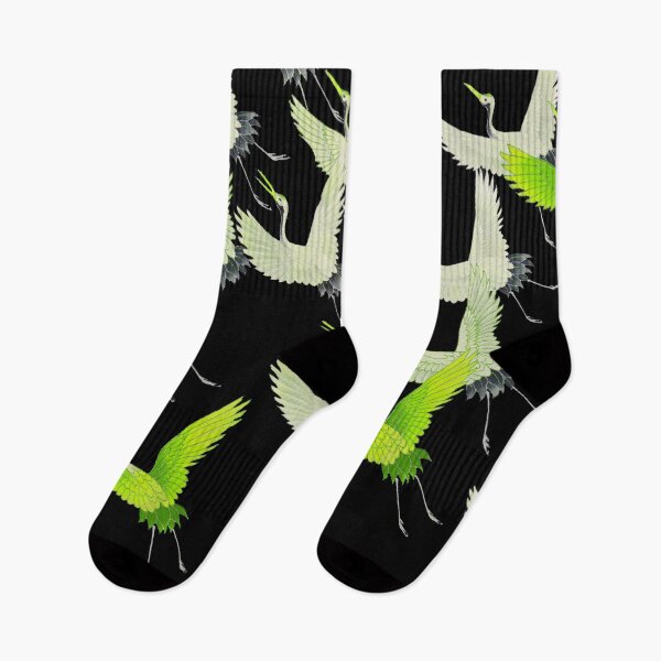 Item preview, YELLOW GREEN CHARTREUSE WHITE FLYING CRANES IN BLACK Japanese Pattern designed and sold by BulganLumini.