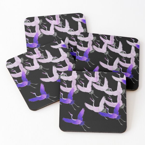 Item preview, BLUE PINK WHITE FLYING CRANES IN BLACK Japanese Pattern designed and sold by BulganLumini.