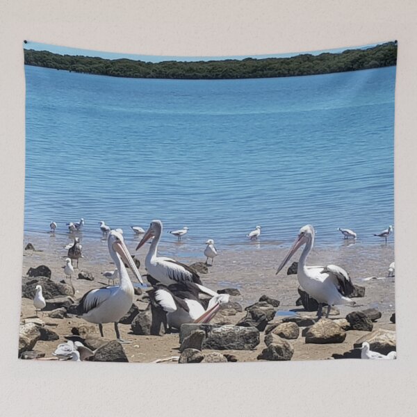 Item preview, Pelicans Hanging Around On The Foreshore designed and sold by sunnybandana.