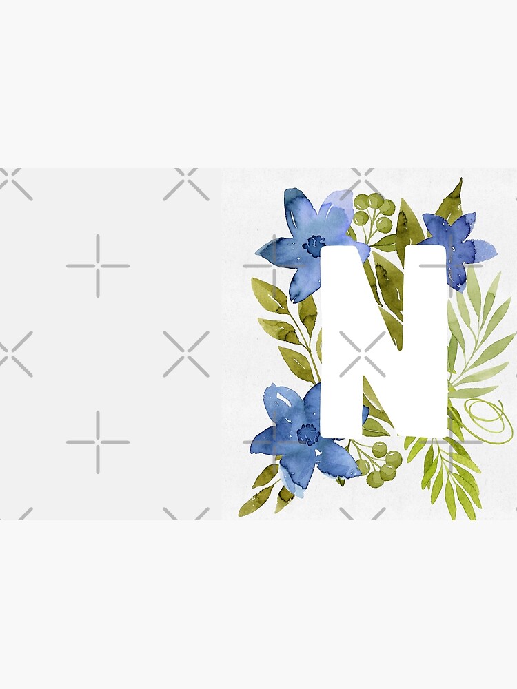 Letter A in blue watercolor flowers and leaves. Floral monogram