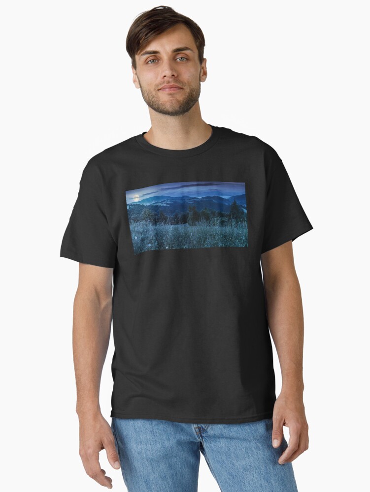 Thumbnail 2 of 7, Classic T-Shirt, panorama of a meadow in mountains at night designed and sold by mike-pellinni.