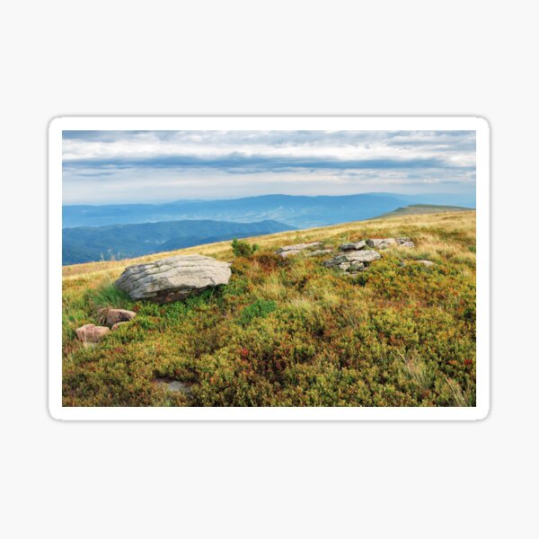 grassy meadow with boulder on top of a hill Sticker