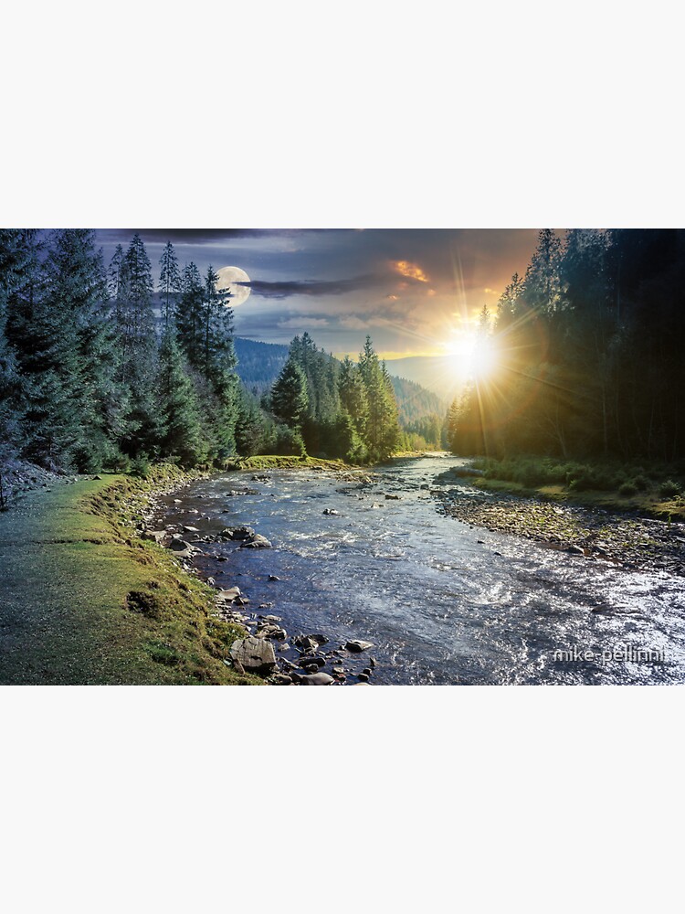 Thumbnail 3 of 3, Sticker, time change above mountain river in forest designed and sold by mike-pellinni.