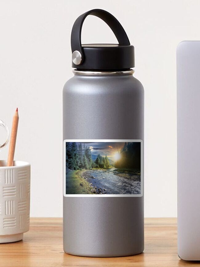 Thumbnail 1 of 3, Sticker, time change above mountain river in forest designed and sold by mike-pellinni.